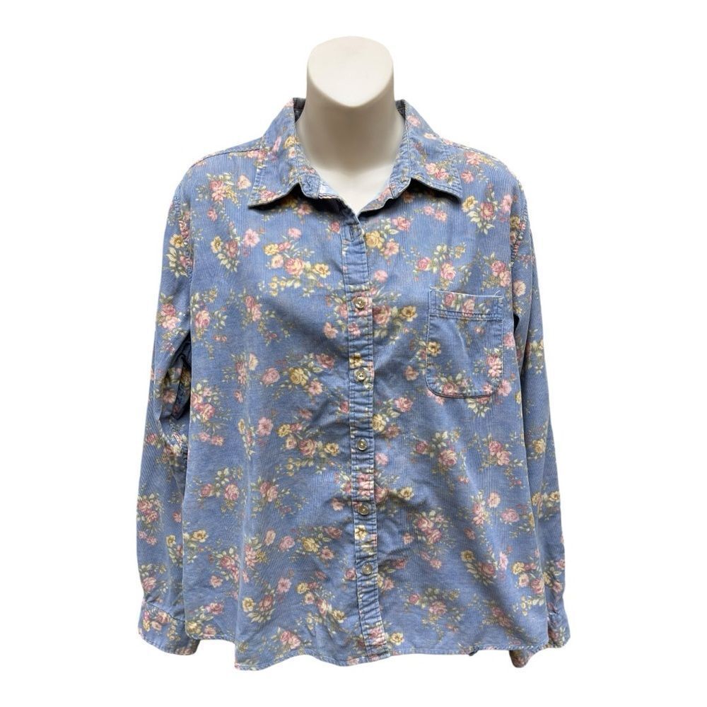 L.L.BEAN Lavender Blue Floral Corduroy Button Down Shirt Collar Size Tag Removed